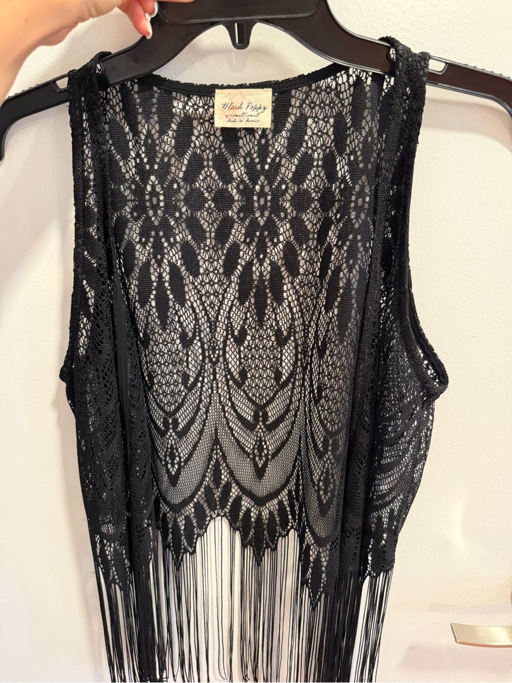 Black Poppy Black Crochet Fringe Vest . Size: Small.
